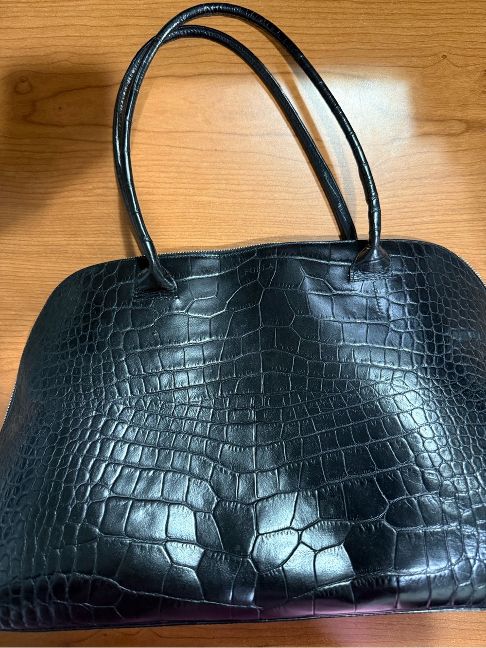 Furla Black Croc-Embossed Shoulder Bag